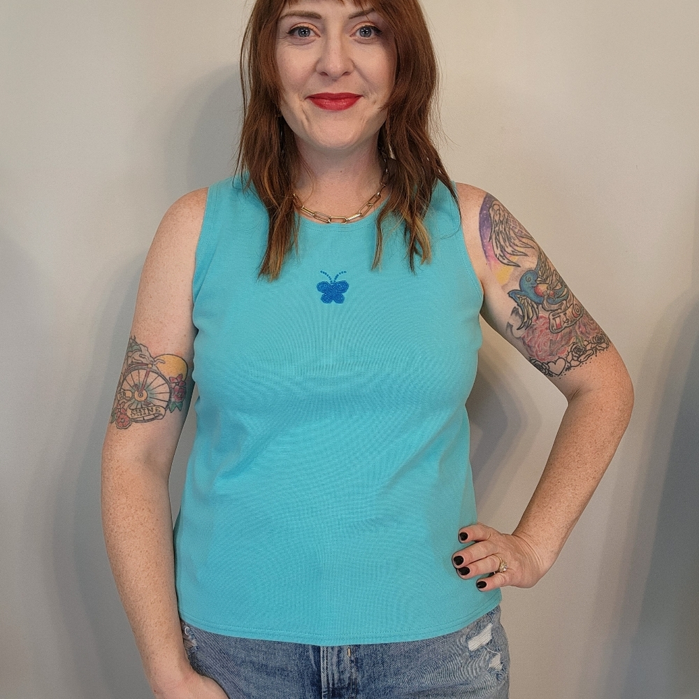Vintage Butterfly Beaded Blue Tank Top